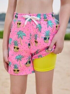 Boys Swim Trunks with Compression Liner Quick Dry Bathing Suit Pink